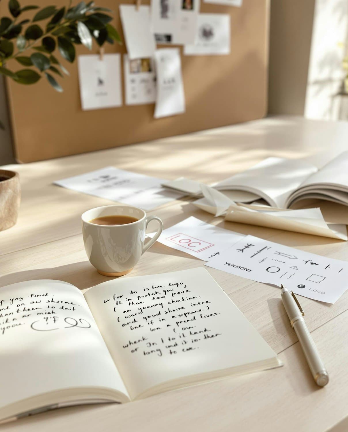 A desk with a notebook, coffee and design sketches