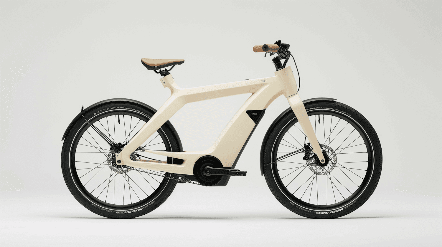 A cream electric bicycle with a tan leather saddle and grips