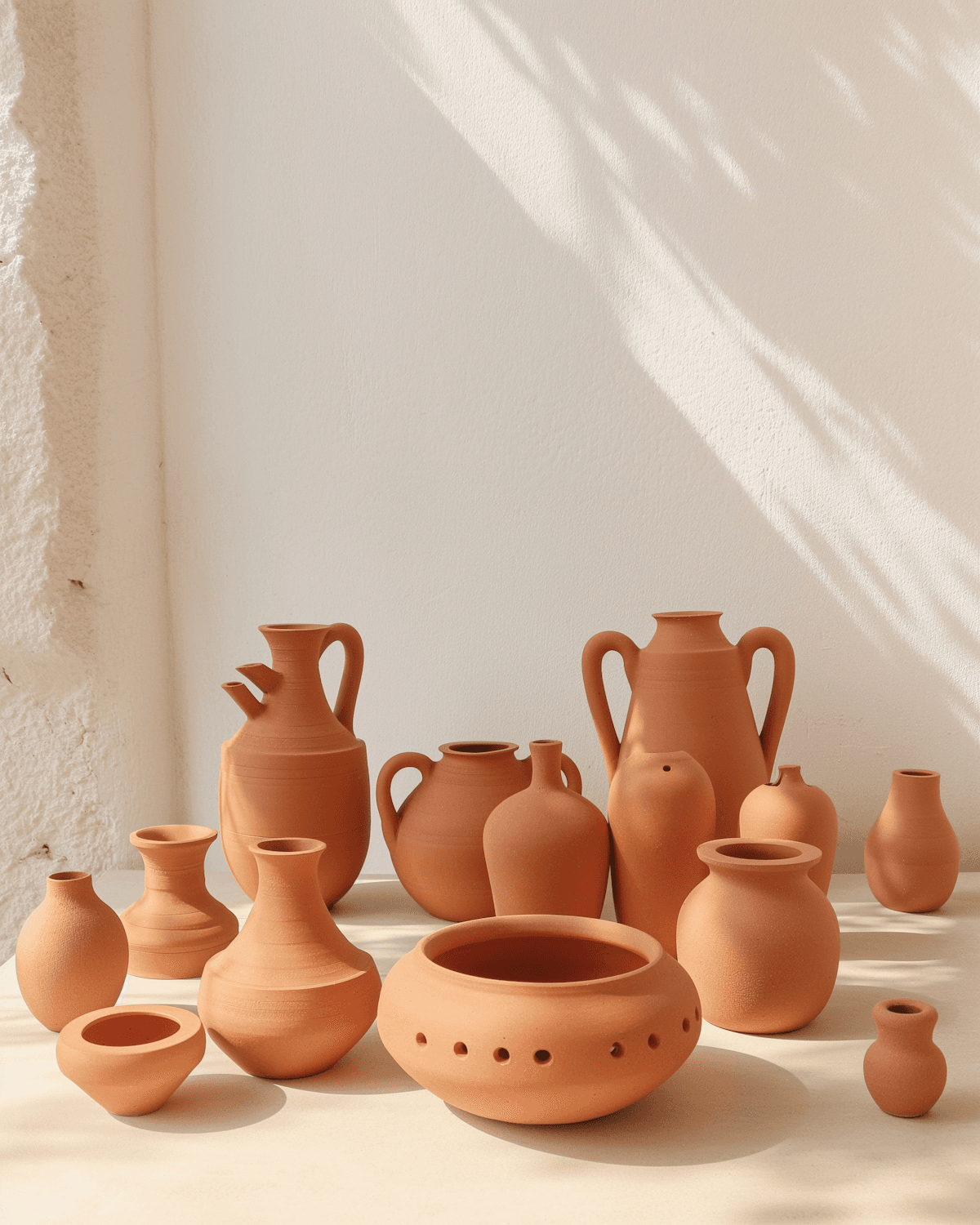 Terracotta pots in warm sunlight against a textured white wall