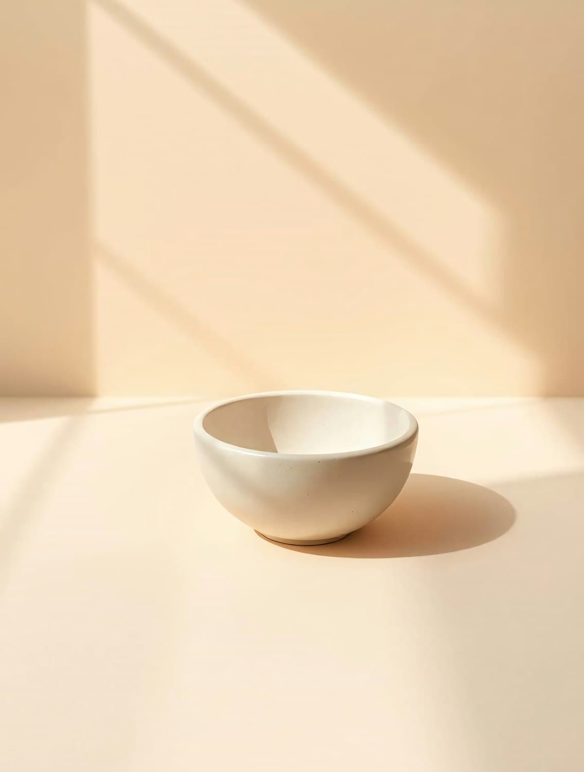 A white ceramic bowl on a beige surface in soft light