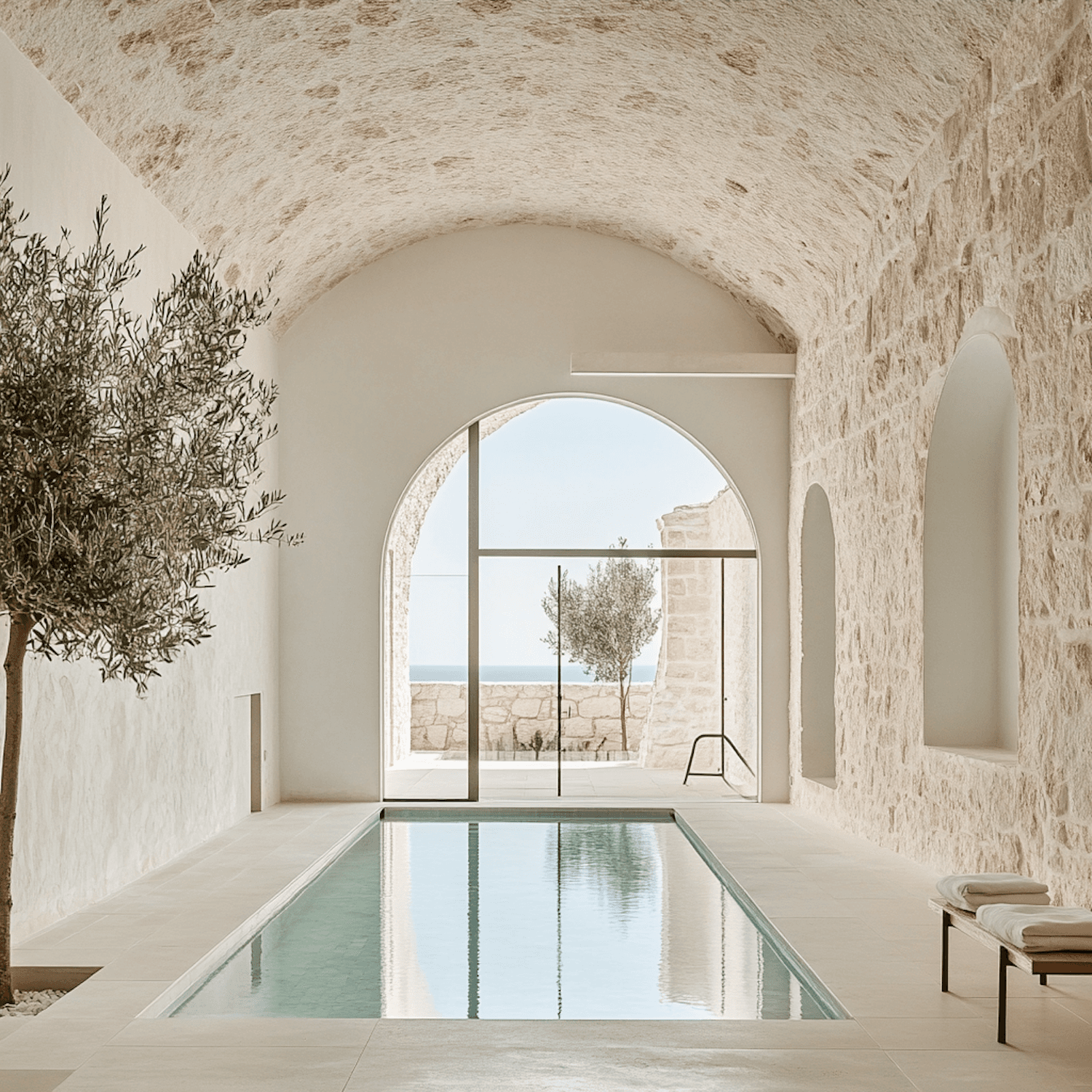 Vaulted stone pool room at Maré Hotel