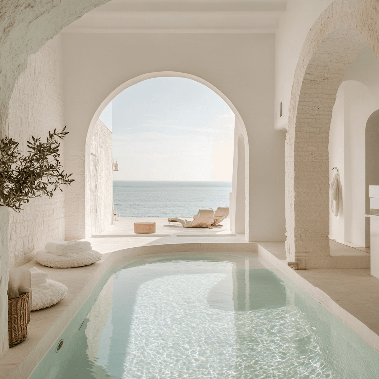 Lounge chairs beside the indoor pool under white stone arches