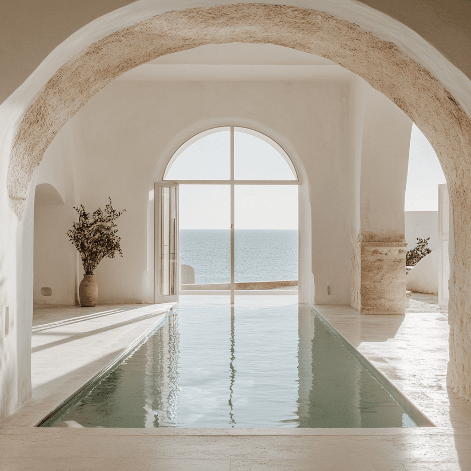 An arched window framing the Atlantic from the pool room
