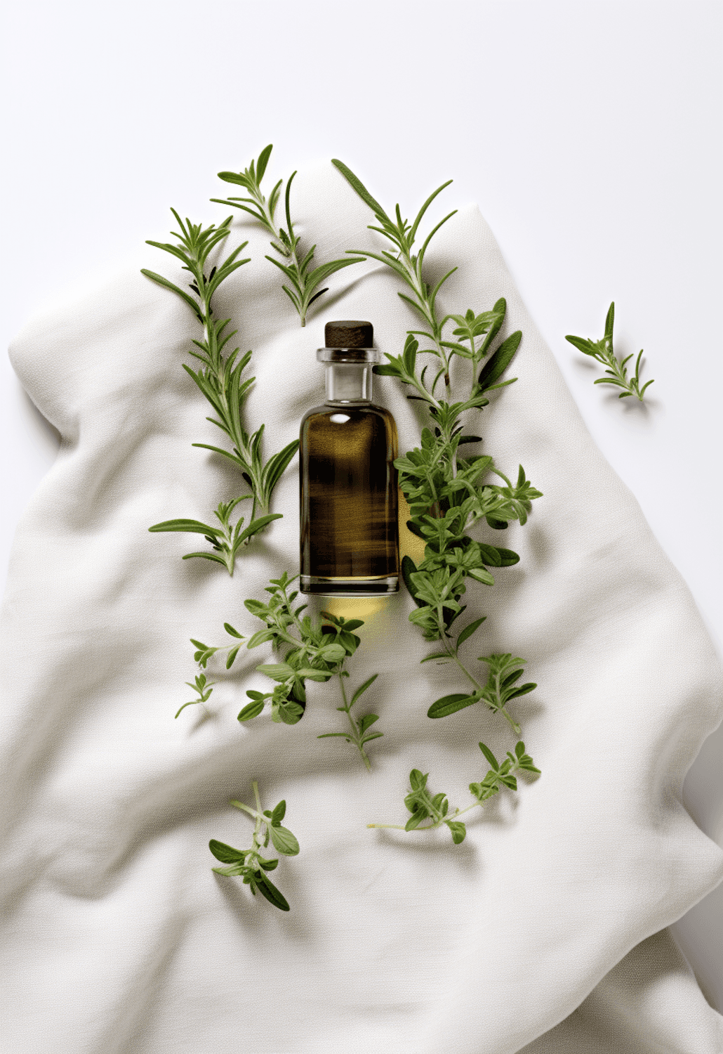 A glass bottle of golden olive oil surrounded by fresh herbs on white linen