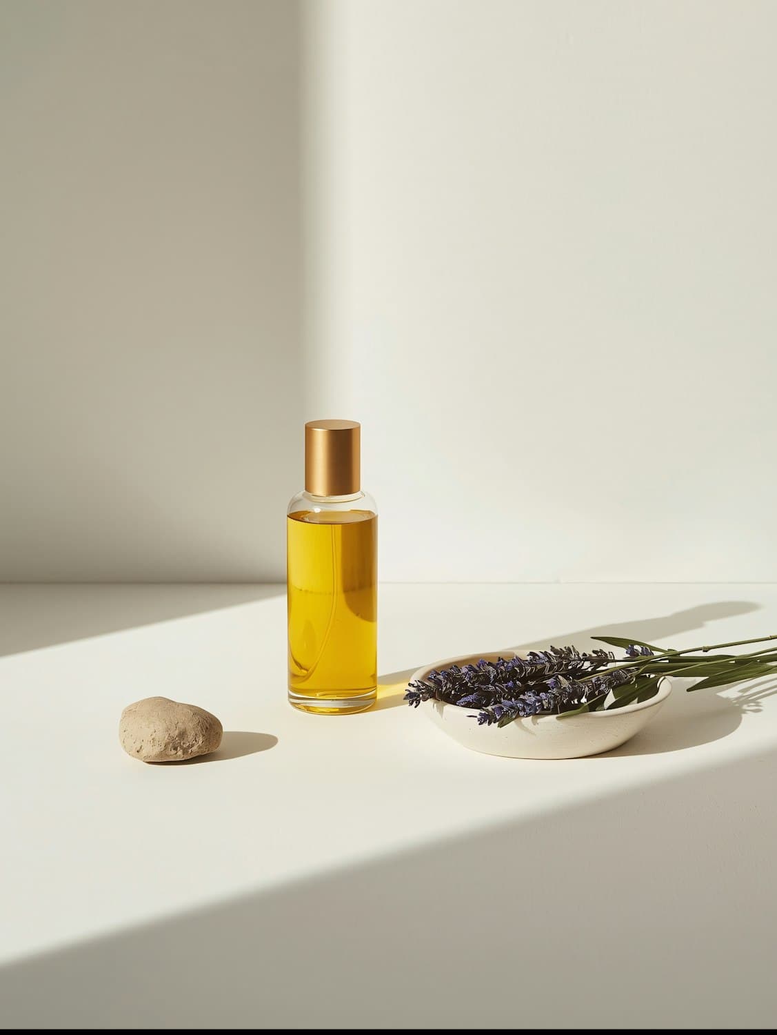 An oil bottle beside lavender sprigs and a smooth stone
