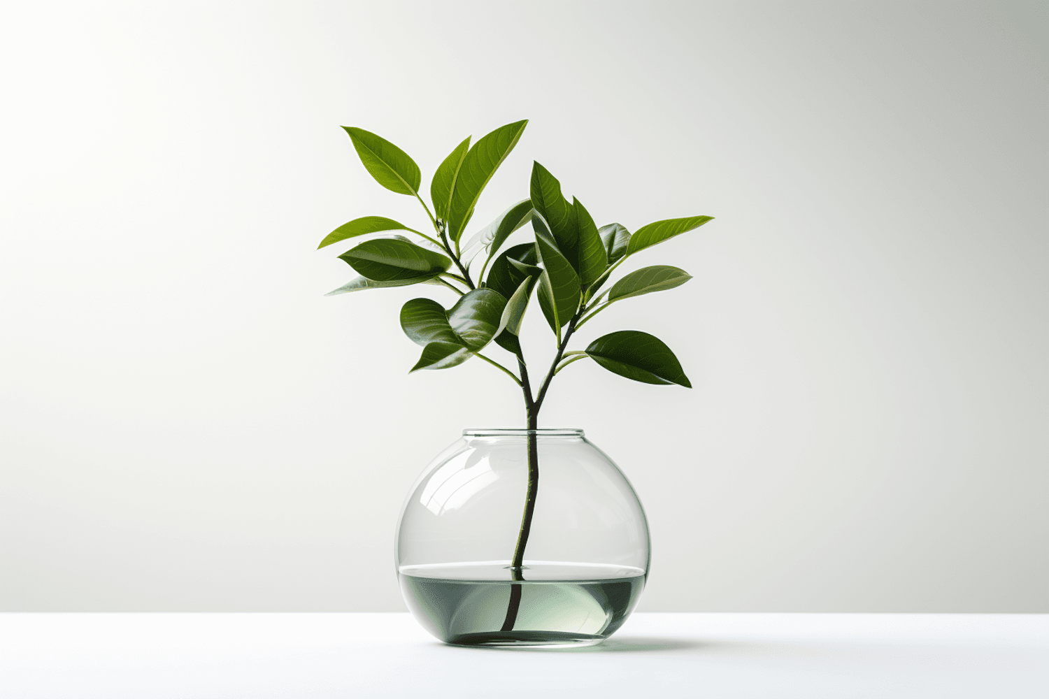 A single green stem in a glass vase of green-tinted water