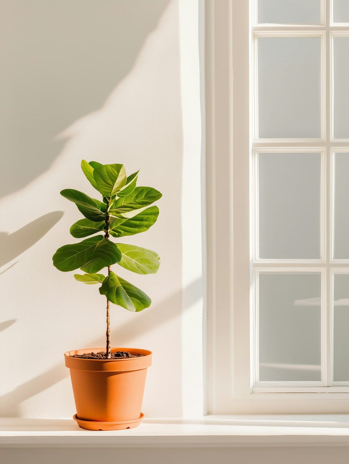 A glossy green plant in a terracotta pot on a sunlit windowsill